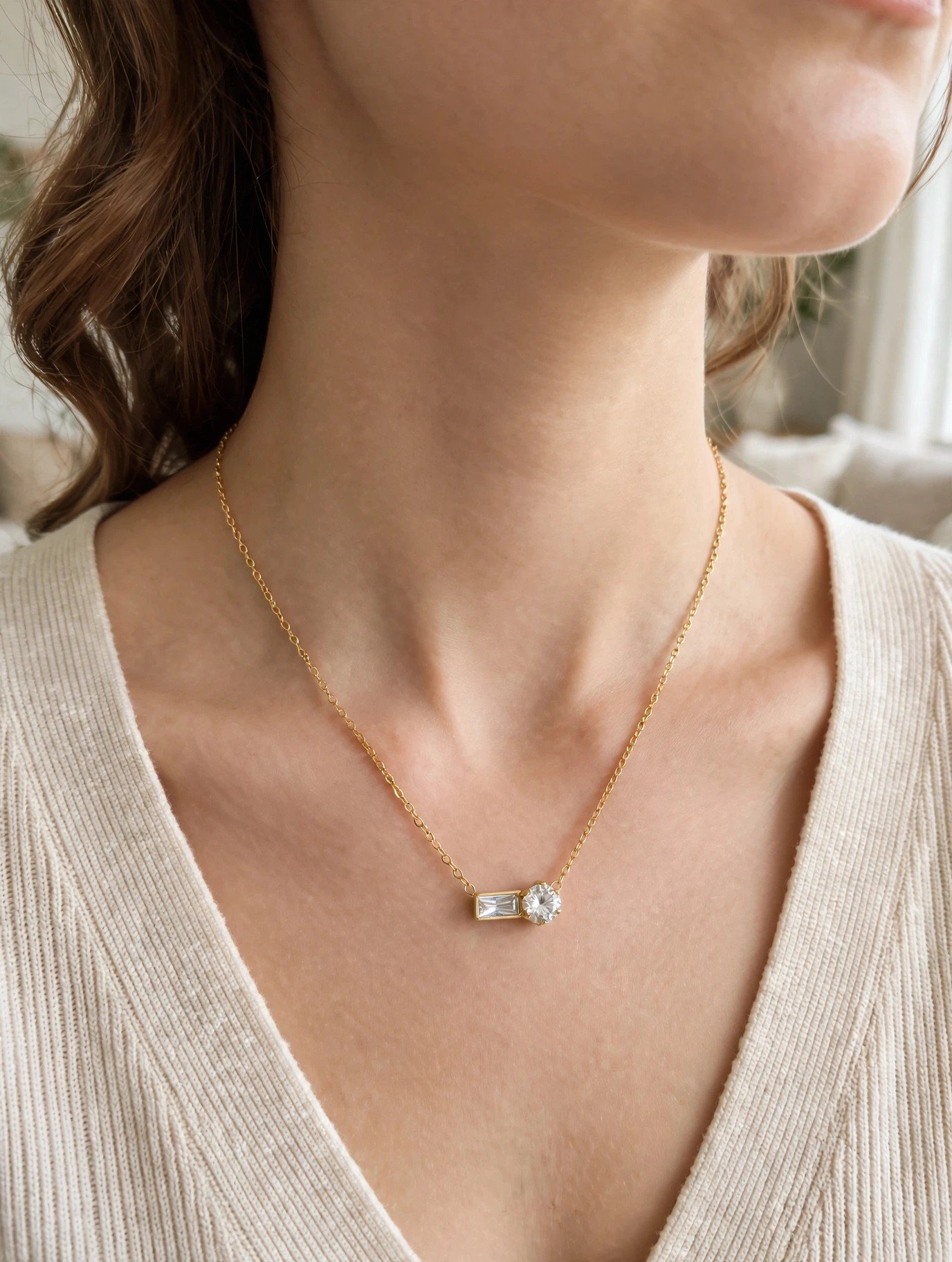 Dual Cut Zircon Gold-Plated Pendant Necklace for Women
