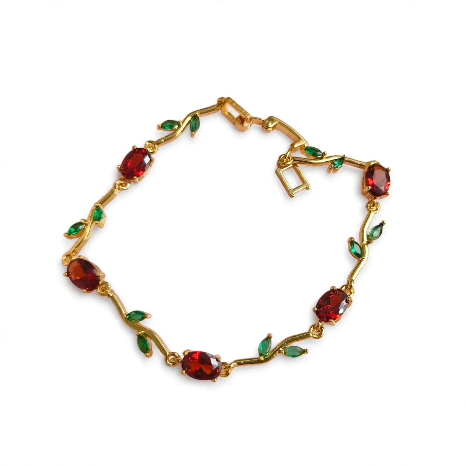 Green Red Stone Gold Plated Vine Bracelet for Women