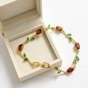 Green Red Stone Gold Plated Vine Bracelet for Women