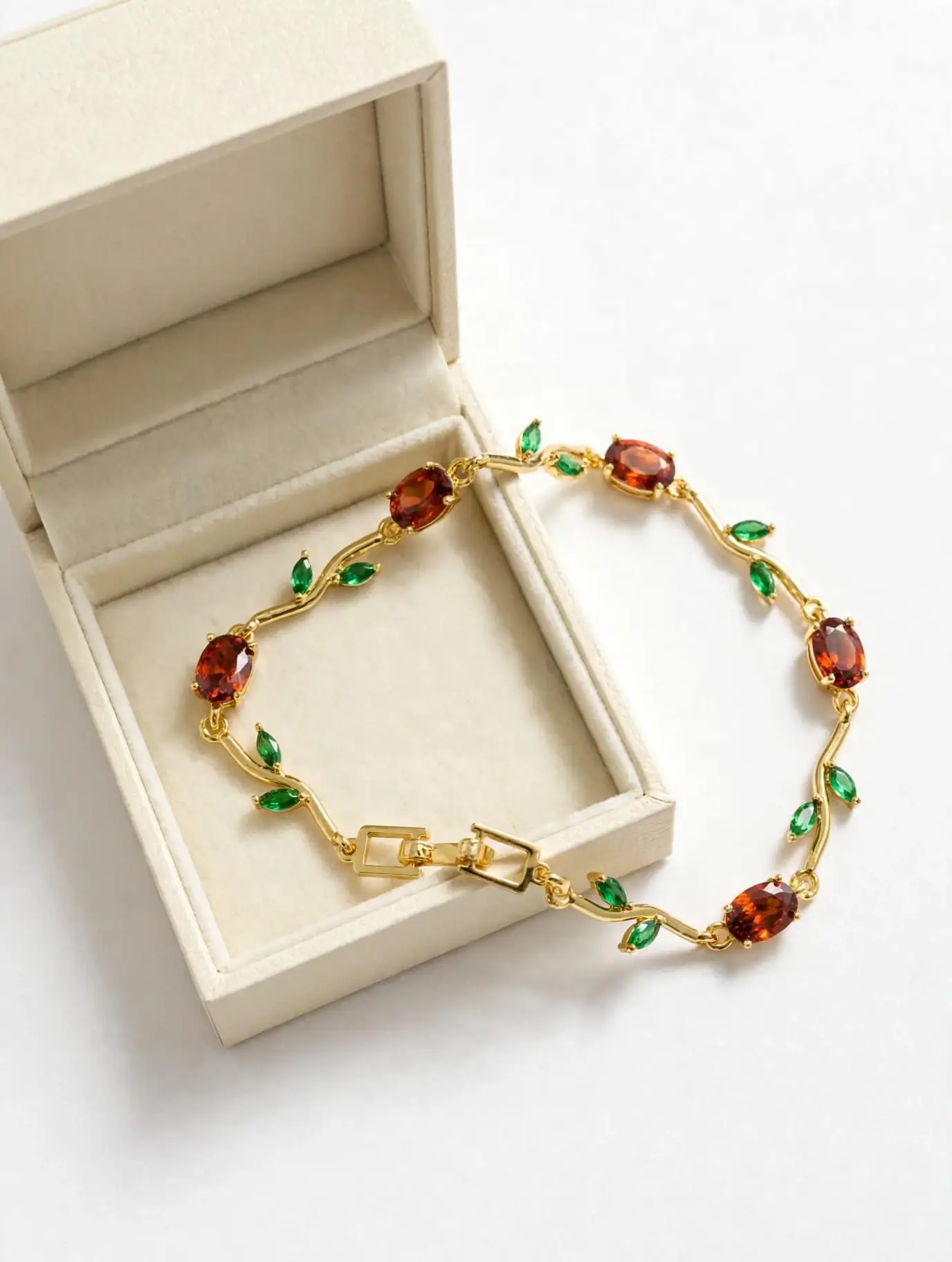 Green Red Stone Gold Plated Vine Bracelet for Women